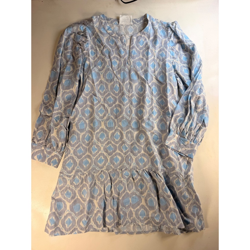 Hyacinth House Mini Dress Women Medium Blue White Ikat Boho Ruffle Puff Sleeve